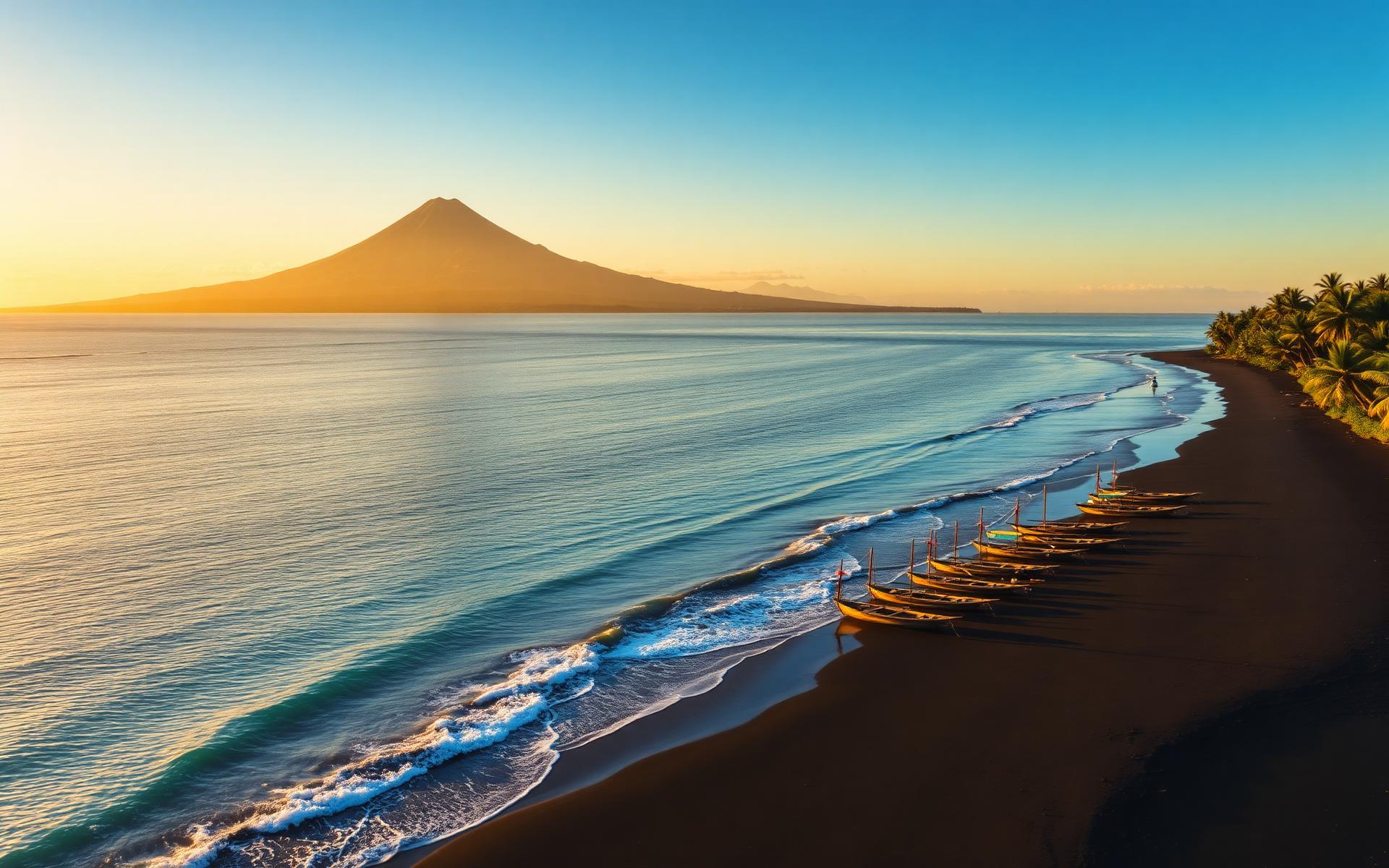 Sunrise over Amed beach with Mount Agung in the distance